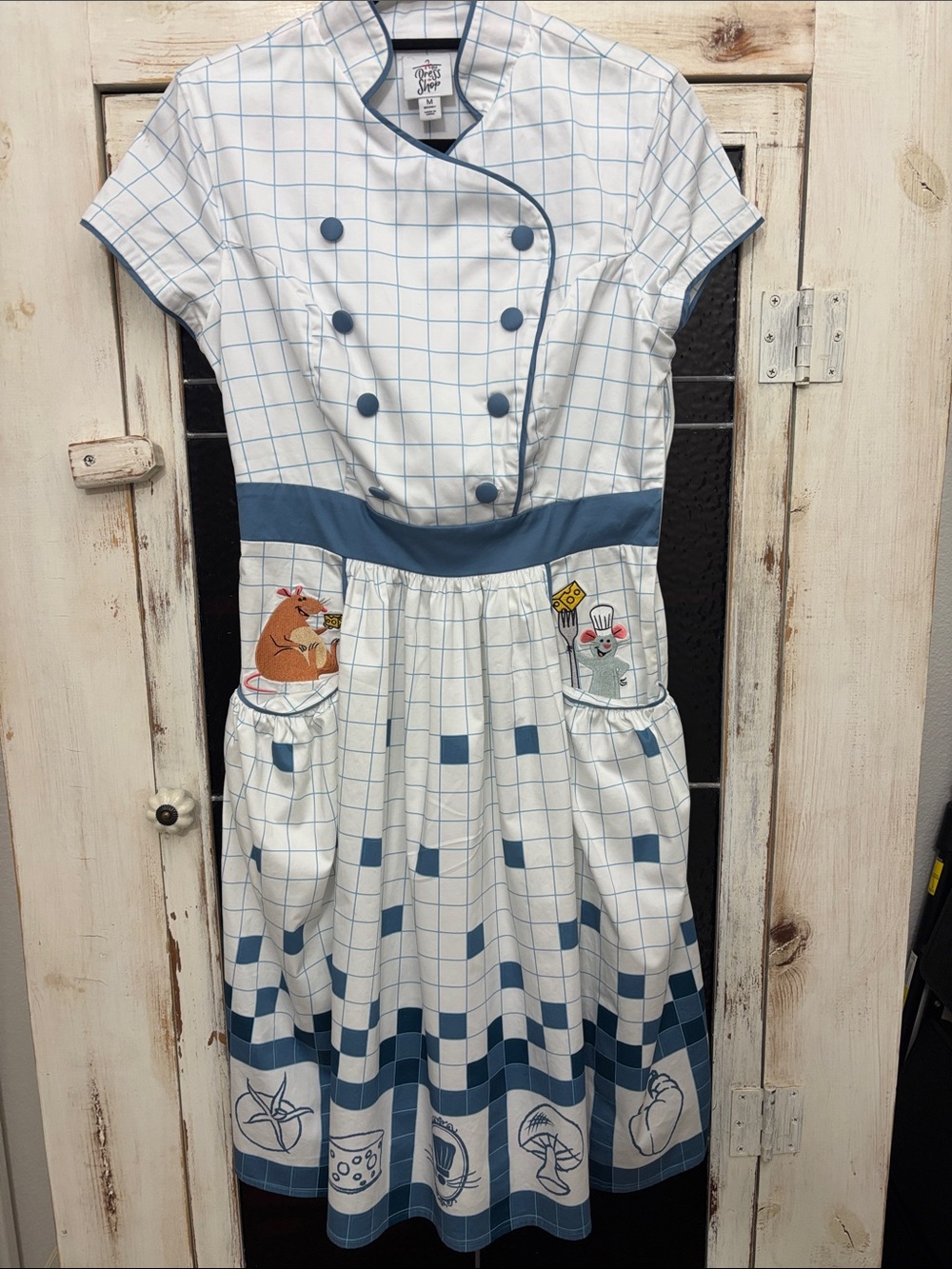 Ratatouille Blue Check Midi Dress with Novelty Pocket Art